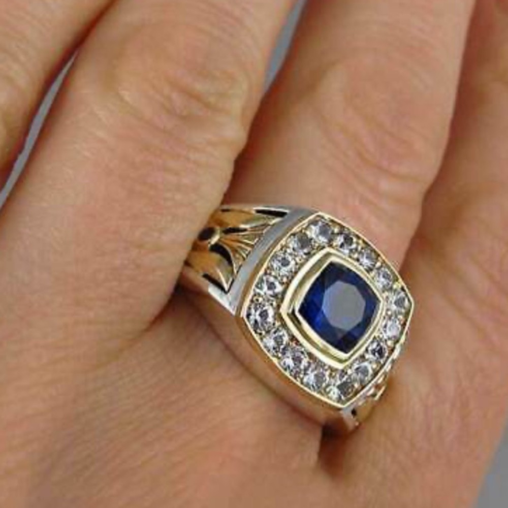 NEW Two Tone Ring for Men/women 925 Silver Blue - Picture 8 of 9